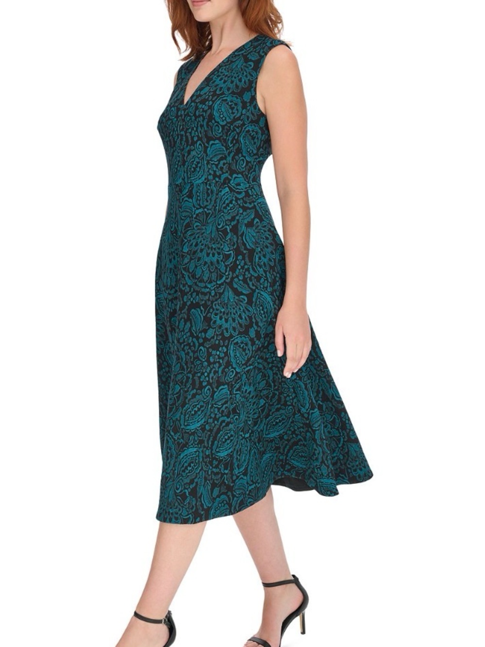 NWOT Tommy Hilfiger V-Neck Printed Midi Dress in Black/Cypress Size L Never Worn - Picture 3 of 4